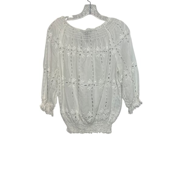 INC Eyelet Peasant Top Womens Size 12 White 3/4 Sleeve Elastic Hem - Picture 2 of 7